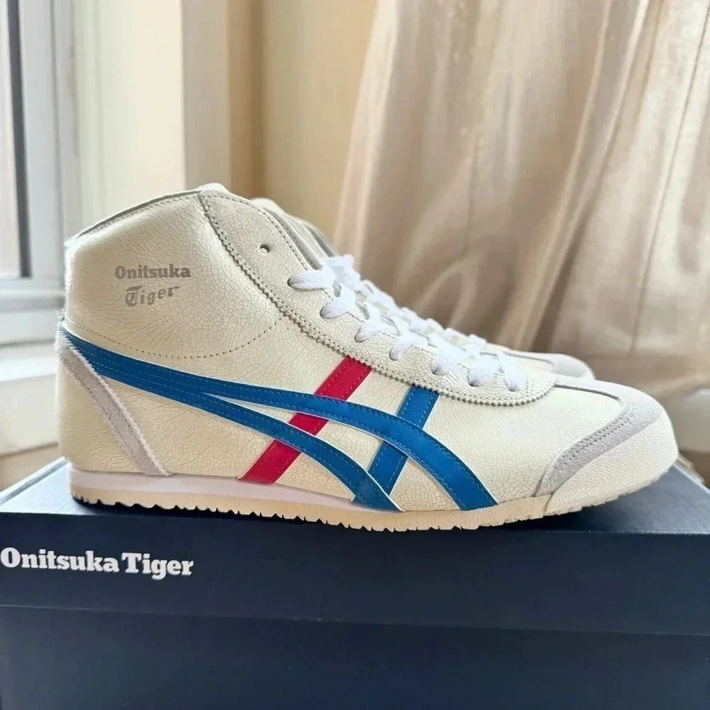 Onitsuka Tiger Mexico Mid Runner Sneakers Shoes White Blue Red Womens 7.5
